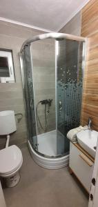 a bathroom with a shower and a toilet and a sink at Vikendica OM relax in Prijedor