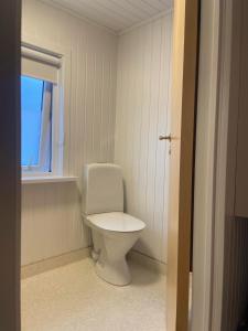 a bathroom with a white toilet and a window at Kirkjatún in Miðvágur