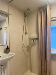uma casa de banho com um chuveiro e um lavatório. em Kirkjatún em Miðvágur