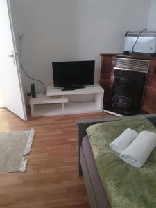 sala de estar con TV y cama con toallas en Ferienwohnung Schlössel 10/16, en Viena
