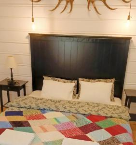 sypialnia z łóżkiem z dużym czarnym zagłówkiem w obiekcie Gniazdo w Felicjanowie w Uniejowie