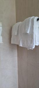 a white towel hanging on the side of a shower at Carib condo in Ocho Rios