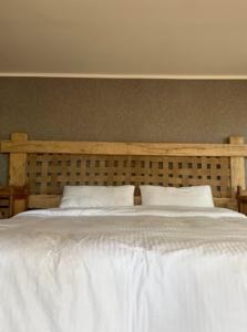 a bedroom with a large bed with a wooden headboard at Estancia San Alberto Lodge in Uspallata