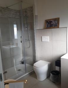 La salle de bains est pourvue d'une douche et de toilettes. dans l'établissement Nyx Lilura Foresteria Lombarda, à Seriate