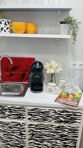 a kitchen counter with a sink and flowers on a shelf at Frida Almuñecar in Almuñécar