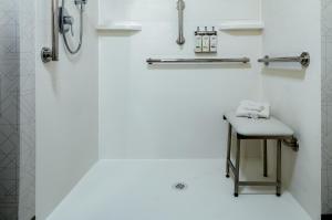 La salle de bains blanche est pourvue d'une douche et d'un tabouret. dans l'établissement Holiday Inn Express Corvallis-On the River, an IHG Hotel, à Corvallis