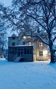 un bâtiment dans la neige à côté d'un arbre dans l'établissement Vila Austerlitz, à Slavkov u Brna