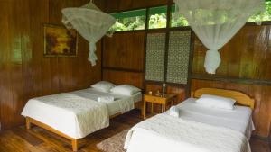 two beds in a room with wooden walls at Amazon Planet in Tambopata
