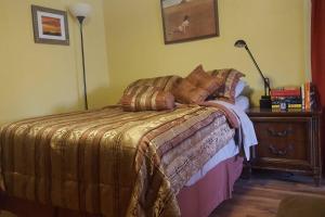 um quarto com uma cama e um candeeiro numa cómoda em Cozy 3 Bedroom House in Downtown Ithaca em Ithaca