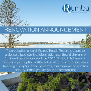 a flyer for rumpula beach resort is about to undergo a fabulous transformation starting at Rumba Beach Resort in Caloundra