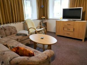 グロースシェーナウにあるRenate's holiday apartmentのソファとテーブルとテレビのあるリビングルーム