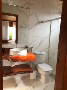 uma casa de banho com um lavatório, um WC e um espelho. em Recanto do Pimenta em Pedra Azul