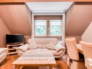 een woonkamer met een bank en een tv bij Holiday maisonette apartment "Keilberg" in Annaberg-Buchholz