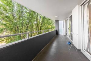 an empty balcony with large windows with trees at Serain Apartment on Northbourne Ave Canberra in Canberra