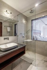 a bathroom with a sink and a glass shower at The Legacy Alchi in Leh
