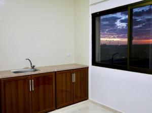 a kitchen with a sink and a large window at Salvador Dali Apartments in Amman