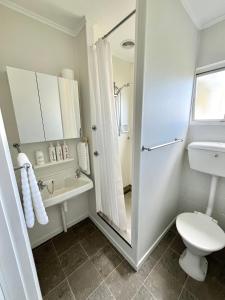 a bathroom with a shower and a toilet and a sink at House of Somer in Matamata