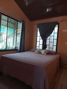 a bedroom with a large bed with two windows at Tortuguero family house hostel in Tortuguero