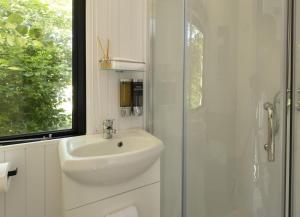 a white bathroom with a sink and a shower at Tiny Away Benger Garden 2 in Millers Flat