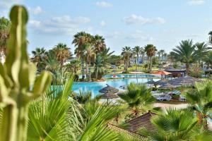 - une vue sur la piscine du complexe bordée de palmiers et de parasols dans l'établissement Welcome Meridiana, à Taguermess