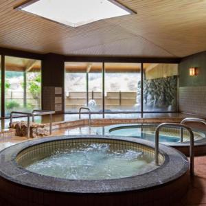 einen Whirlpool in einem großen Zimmer mit in der Unterkunft Matsusaka Wanwan Paradise Mori No Hotel Smeall in Ema