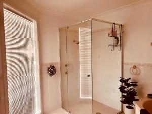een douche met een glazen deur in de badkamer bij 5 Well St in Forster