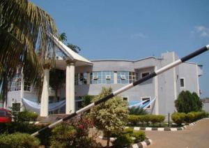 a building with a palm tree in front of it at Adap Hotel in Agbabiaka