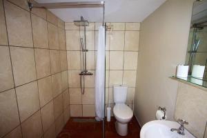 a bathroom with a shower and a toilet and a sink at One Bedroom Character Cottage in Farthinghoe