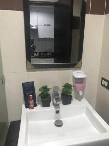 a bathroom sink with potted plants and a mirror at Horizon Hotel Tower One in Angeles