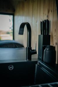 eine Küchenspüle mit einem Wasserhahn und einem Messerhalter in der Unterkunft AIVA Glamping in Partizánske