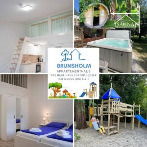 un collage de fotos con una casa y un parque infantil en Appartementhaus Brunsholm, en Esgrus