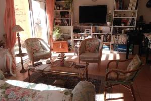 a living room with a couch and chairs and a tv at The Flower- Townhouse with air conditioning and garden! in Montpellier