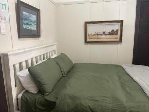 1 dormitorio con 1 cama con manta verde en The Brown House Tenterfield en Tenterfield