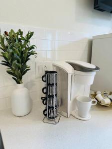 a kitchen counter with a coffee maker and a plant at Studio Modern luxe apartment in Vancouver