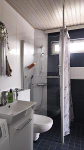 uma casa de banho com um WC, um lavatório e um chuveiro em Green Getaway - near Helsinki Vantaa Airport, top-floor, free parking & wifi em Vantaa