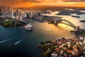 an aerial view of a city with a harbor and a bridge at Comfort Queen Room - Private - Prime Spot in Sydney