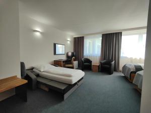 um quarto de hotel com uma cama e uma secretária em Hotel P7 em Lučenec