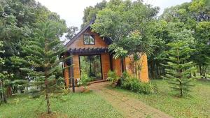 a small wooden house in the middle of a forest at Uphill Cozy Cabins in an Island Lake for Family getaway in Cavinti