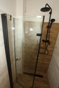 a glass shower in a room with a wooden floor at Leśniczówka Wigierskiego Parku Narodowego w Maćkowej Rudzie in Krasnopol +34 photos