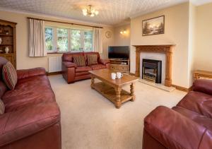 a living room with leather furniture and a fireplace at Llecyn in Pwllheli