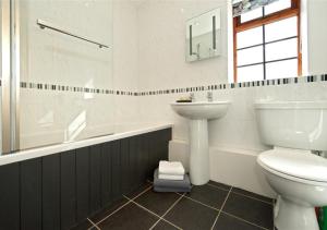 a bathroom with a toilet and a sink and a shower at Y Betws in Abersoch