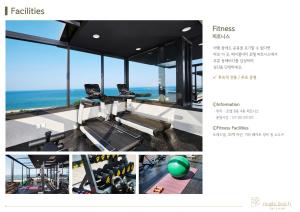 a collage of pictures of a gym with the ocean at Maple Beach Golf & Resort in Gangneung