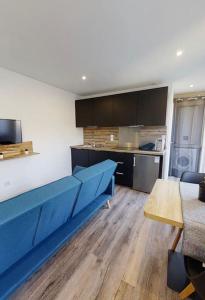 salon z niebieską kanapą i kuchnią w obiekcie Studio neuf à Bouguenais+terrasse+parking w mieście Bouguenais