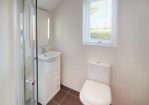 a white bathroom with a toilet and a sink at Y Ddol Bach in Abersoch
