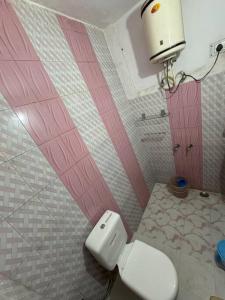 een badkamer met een toilet en een roze muur bij Nature's Vibe Homestay - Nainital - Kainchi Dham in Nainital