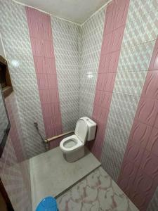 uma casa de banho com WC num quarto cor-de-rosa em Nature's Vibe Homestay - Nainital - Kainchi Dham em Nainital