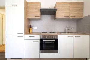 una cocina con armarios blancos y horno negro en Alpen-Hostel Apartment Mittelstation Süd mit Motorradvermietung, en Memmingen 7 fotos más