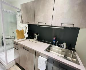 a kitchen with a sink and a shower at Das Ladenlokal - Gemütlichkeit einkaufen in Arnstadt