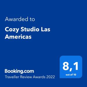 Certifikát, hodnocení, plakát nebo jiný dokument vystavený v ubytování Cozy Studio Las Americas