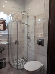 La salle de bains est pourvue d'une douche, de toilettes et d'un lavabo. dans l'établissement OSW Świnoujście Rybitwa, à Świnoujście
